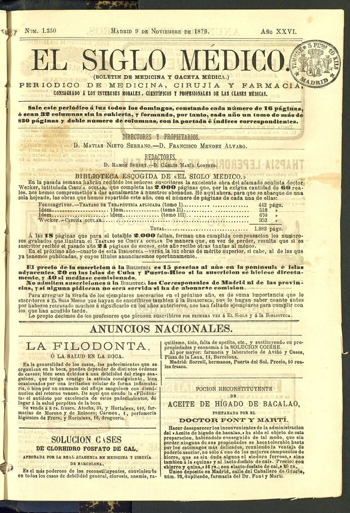 Miniatura de El Siglo Médico: boletín de medicina y gaceta médica del 9 de noviembre de 1879