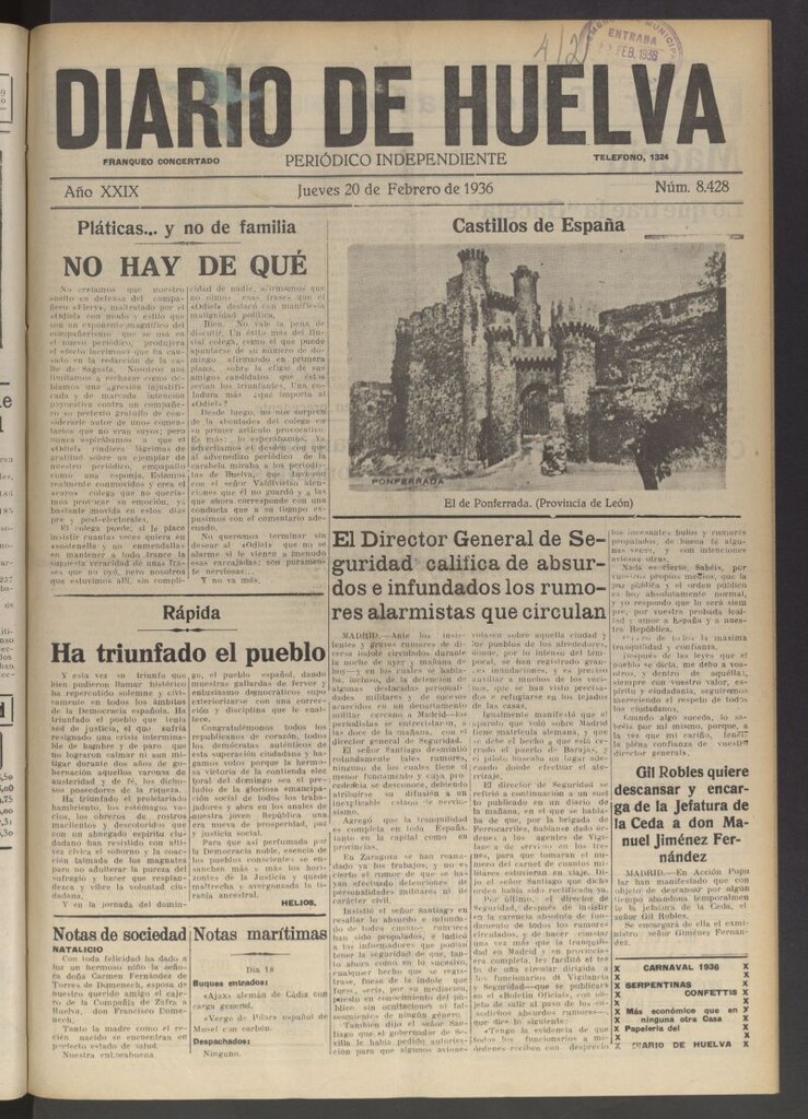 Miniatura de Diario de Huelva : periódico independiente del 20 de febrero de 1936