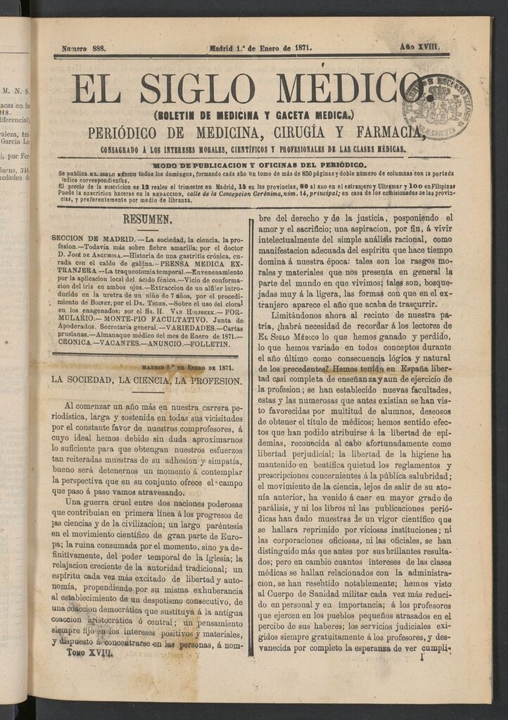 Miniatura de El Siglo Médico: boletín de medicina y gaceta médica del 1 de enero de 1871