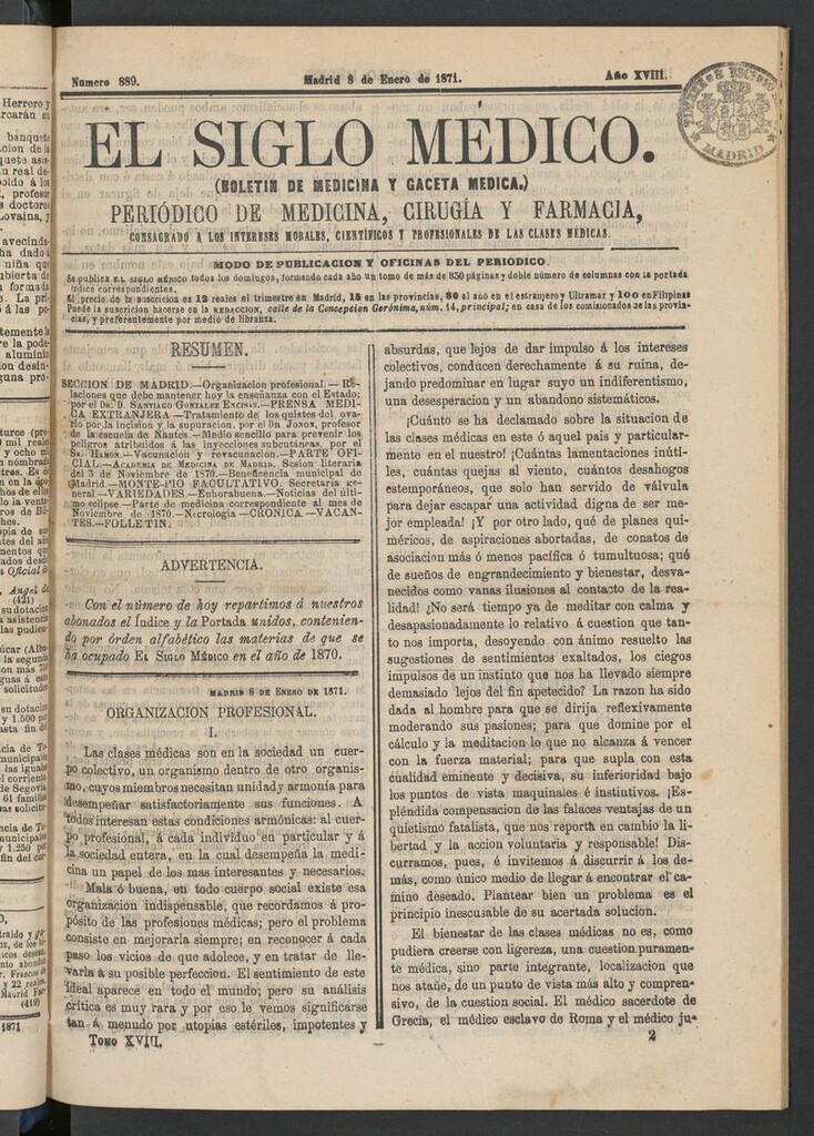 Miniatura de El Siglo Médico: boletín de medicina y gaceta médica del 8 de enero de 1871