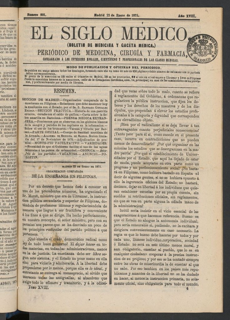 Miniatura de El Siglo Médico: boletín de medicina y gaceta médica del 22 de enero de 1871
