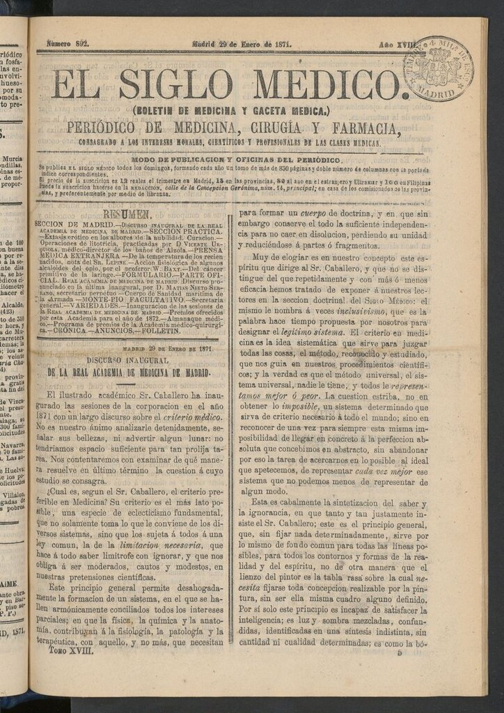 Miniatura de El Siglo Médico: boletín de medicina y gaceta médica del 29 de enero de 1871