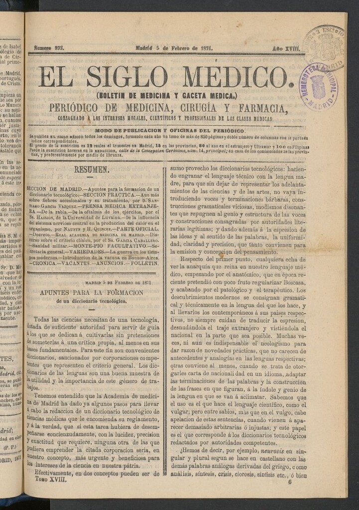 Miniatura de El Siglo Médico: boletín de medicina y gaceta médica del 5 de febrero de 1871