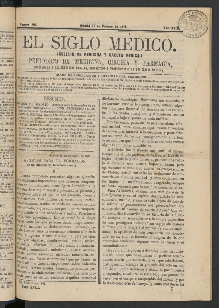 Miniatura de El Siglo Médico: boletín de medicina y gaceta médica del 12 de febrero de 1871
