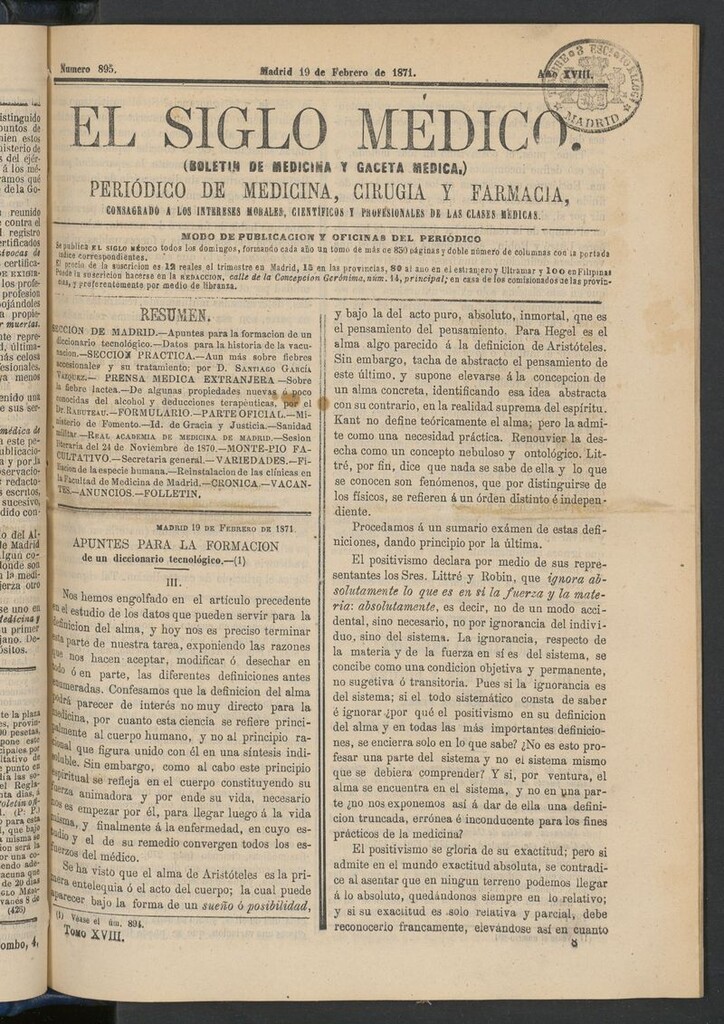 Miniatura de El Siglo Médico: boletín de medicina y gaceta médica del 19 de febrero de 1871