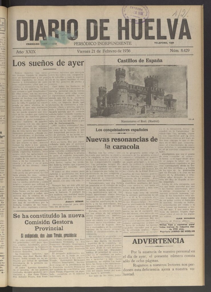 Miniatura de Diario de Huelva : periódico independiente del 21 de febrero de 1936