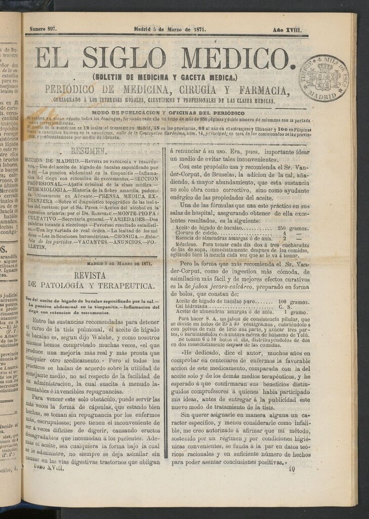 Miniatura de El Siglo Médico: boletín de medicina y gaceta médica del 5 de marzo de 1871