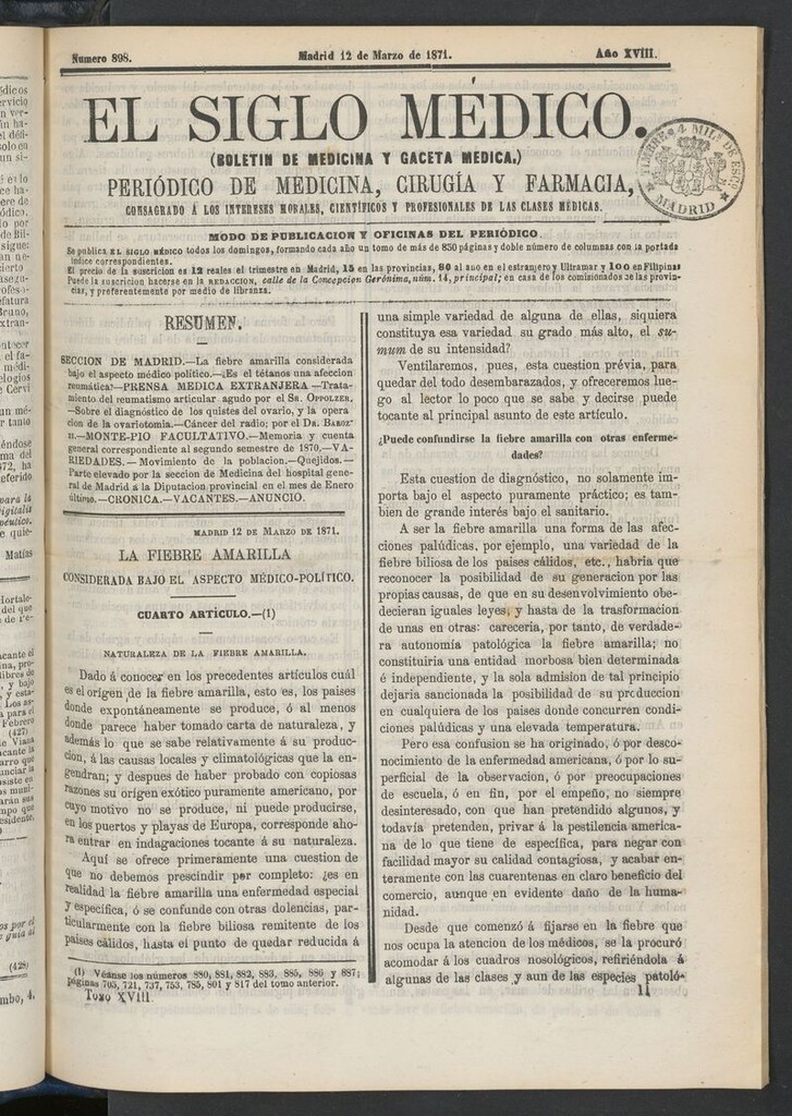 Miniatura de El Siglo Médico: boletín de medicina y gaceta médica del 12 de marzo de 1871