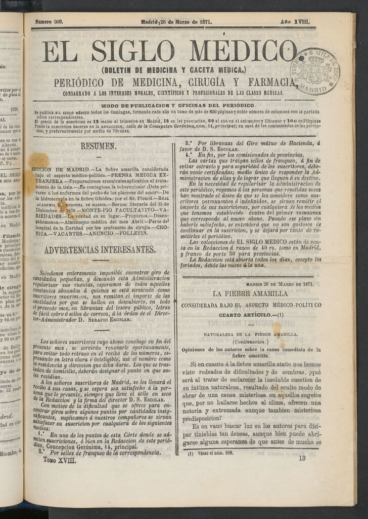 Miniatura de El Siglo Médico: boletín de medicina y gaceta médica del 26 de marzo de 1871
