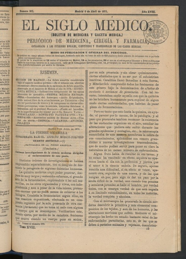 Miniatura de El Siglo Médico: boletín de medicina y gaceta médica del 9 de abril de 1871