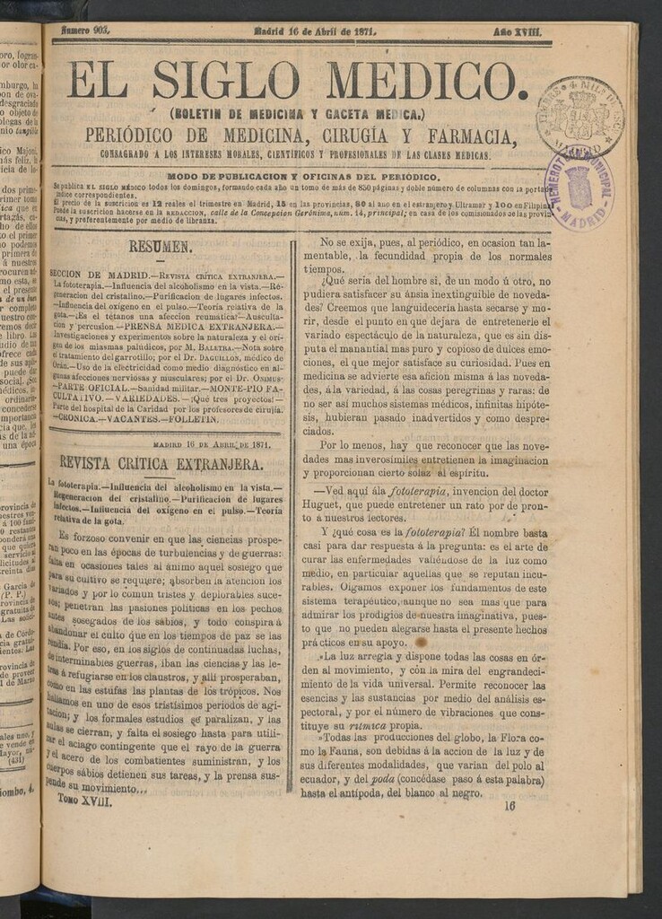 Miniatura de El Siglo Médico: boletín de medicina y gaceta médica del 16 de abril de 1871