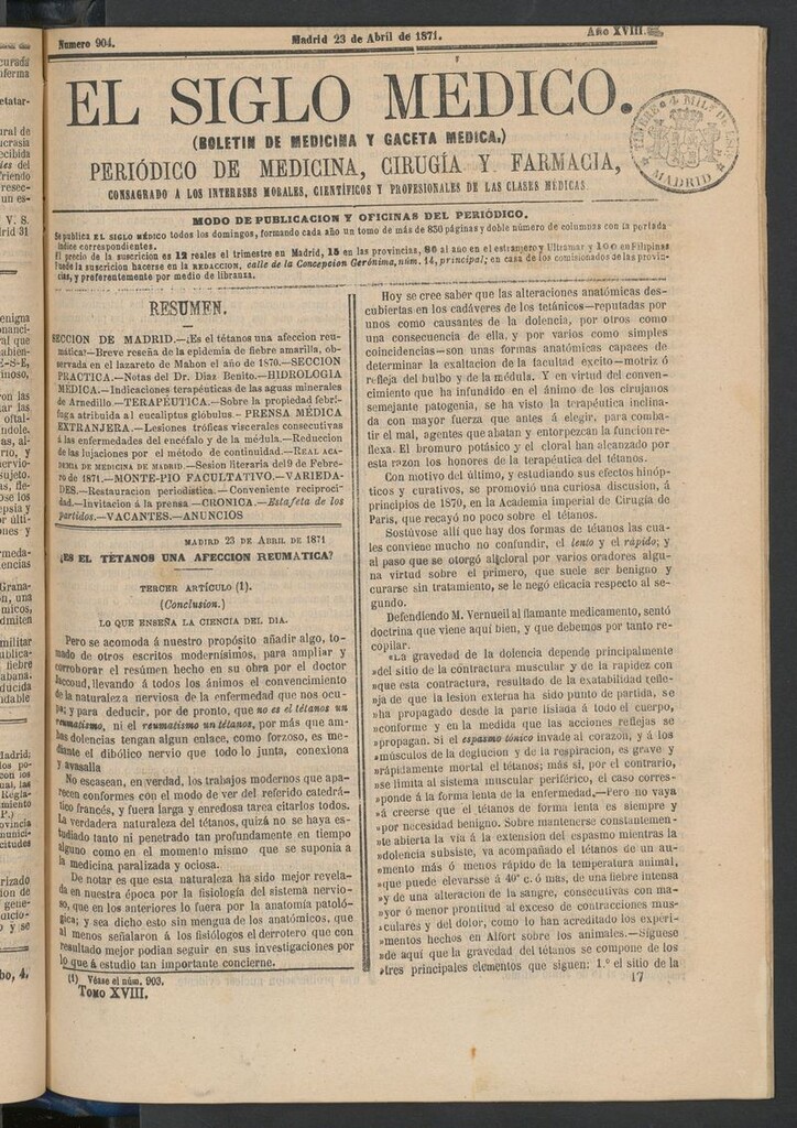 Miniatura de El Siglo Médico: boletín de medicina y gaceta médica del 23 de abril de 1871
