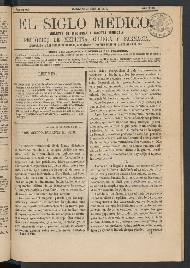 Miniatura de El Siglo Médico: boletín de medicina y gaceta médica del 30 de abril de 1871