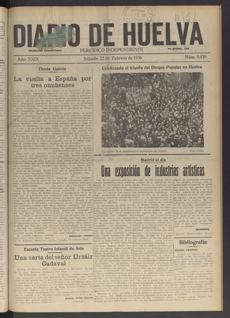 Miniatura de Diario de Huelva : periódico independiente del 22 de febrero de 1936