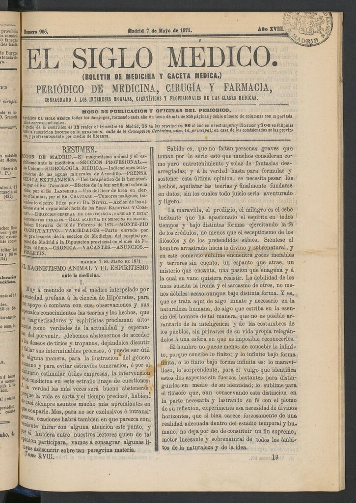 Miniatura de El Siglo Médico: boletín de medicina y gaceta médica del 7 de mayo de 1871