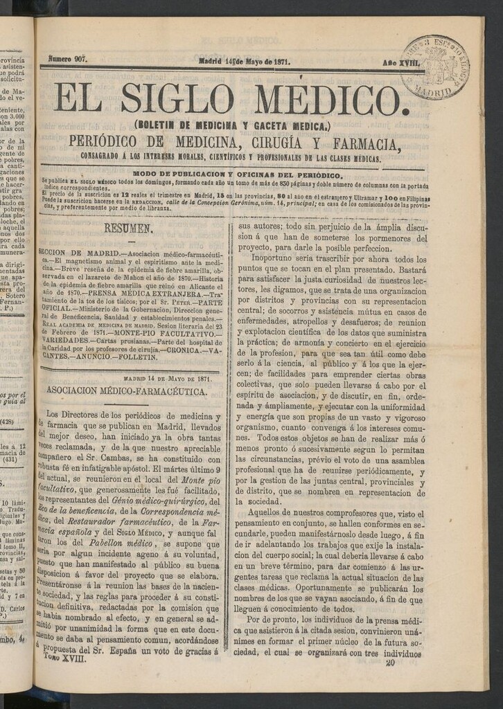 Miniatura de El Siglo Médico: boletín de medicina y gaceta médica del 14 de mayo de 1871