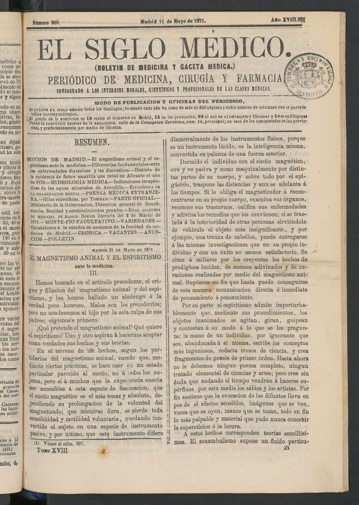 Miniatura de El Siglo Médico: boletín de medicina y gaceta médica del 21 de mayo de 1871