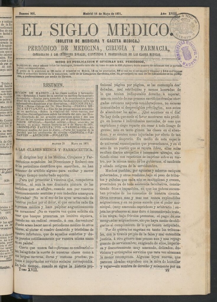 Miniatura de El Siglo Médico: boletín de medicina y gaceta médica del 28 de mayo de 1871