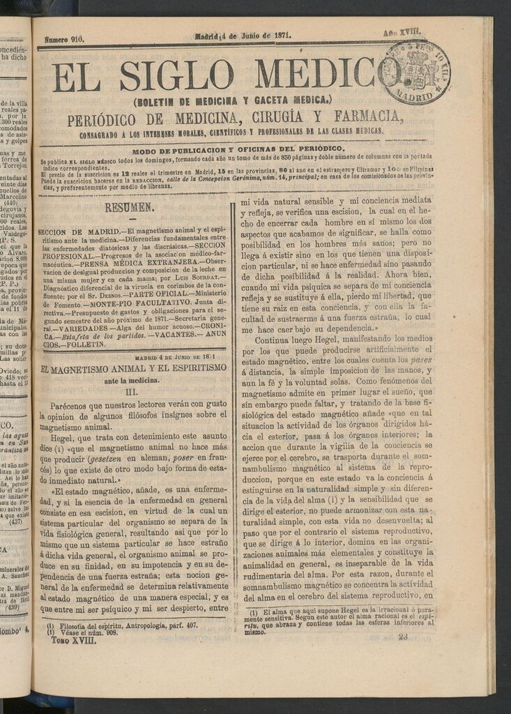 Miniatura de El Siglo Médico: boletín de medicina y gaceta médica del 4 de junio de 1871