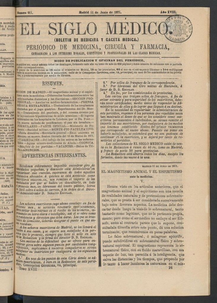 Miniatura de El Siglo Médico: boletín de medicina y gaceta médica del 11 de junio de 1871