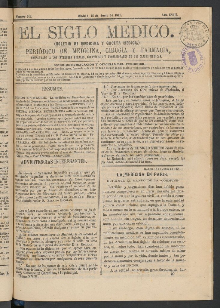 Miniatura de El Siglo Médico: boletín de medicina y gaceta médica del 18 de junio de 1871