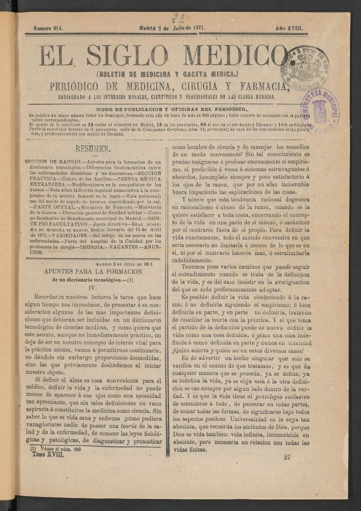Miniatura de El Siglo Médico: boletín de medicina y gaceta médica del 2 de julio de 1871