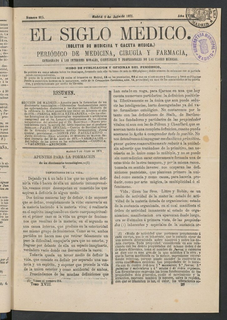 Miniatura de El Siglo Médico: boletín de medicina y gaceta médica del 9 de julio de 1871