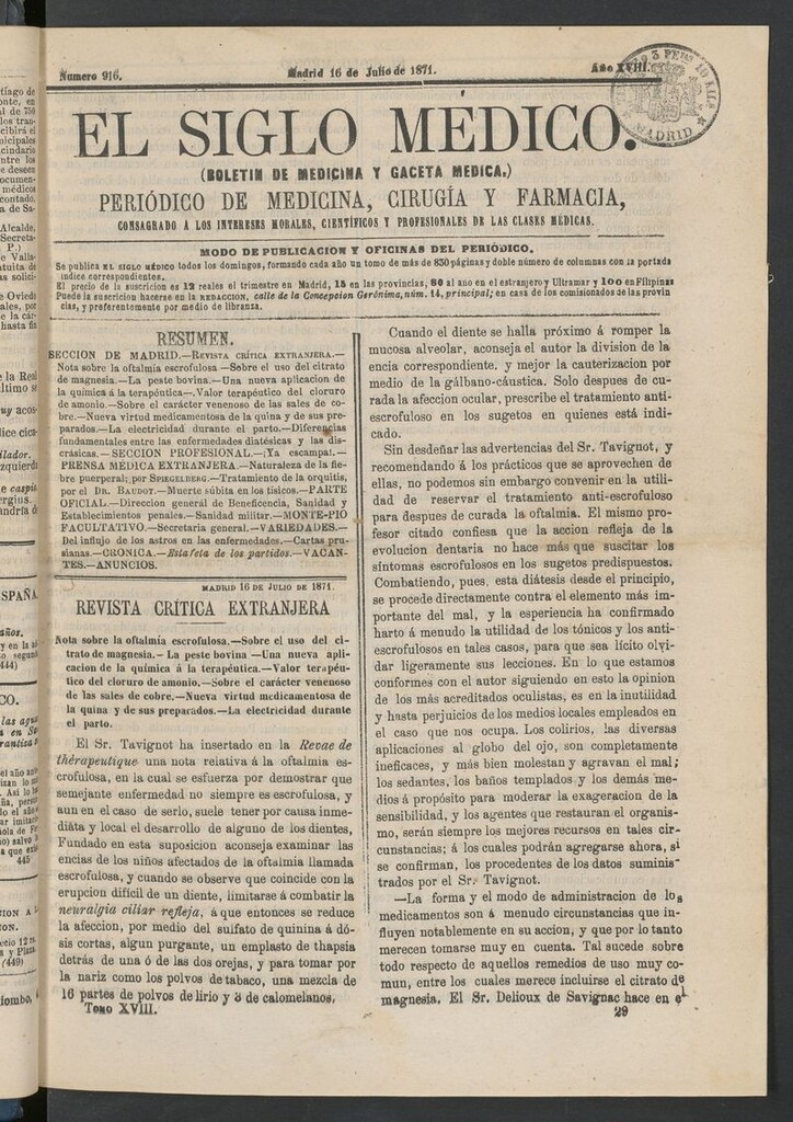 Miniatura de El Siglo Médico: boletín de medicina y gaceta médica del 16 de julio de 1871