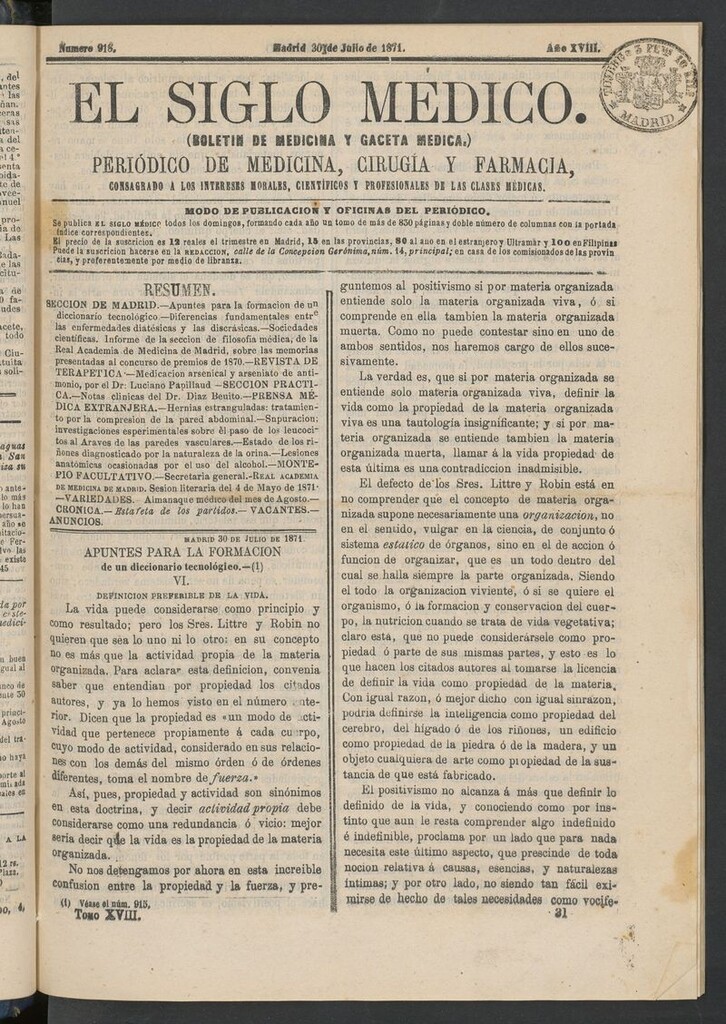 Miniatura de El Siglo Médico: boletín de medicina y gaceta médica del 30 de julio de 1871