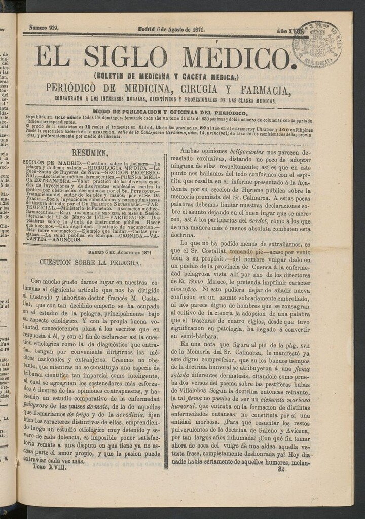 Miniatura de El Siglo Médico: boletín de medicina y gaceta médica del 6 de agosto de 1871