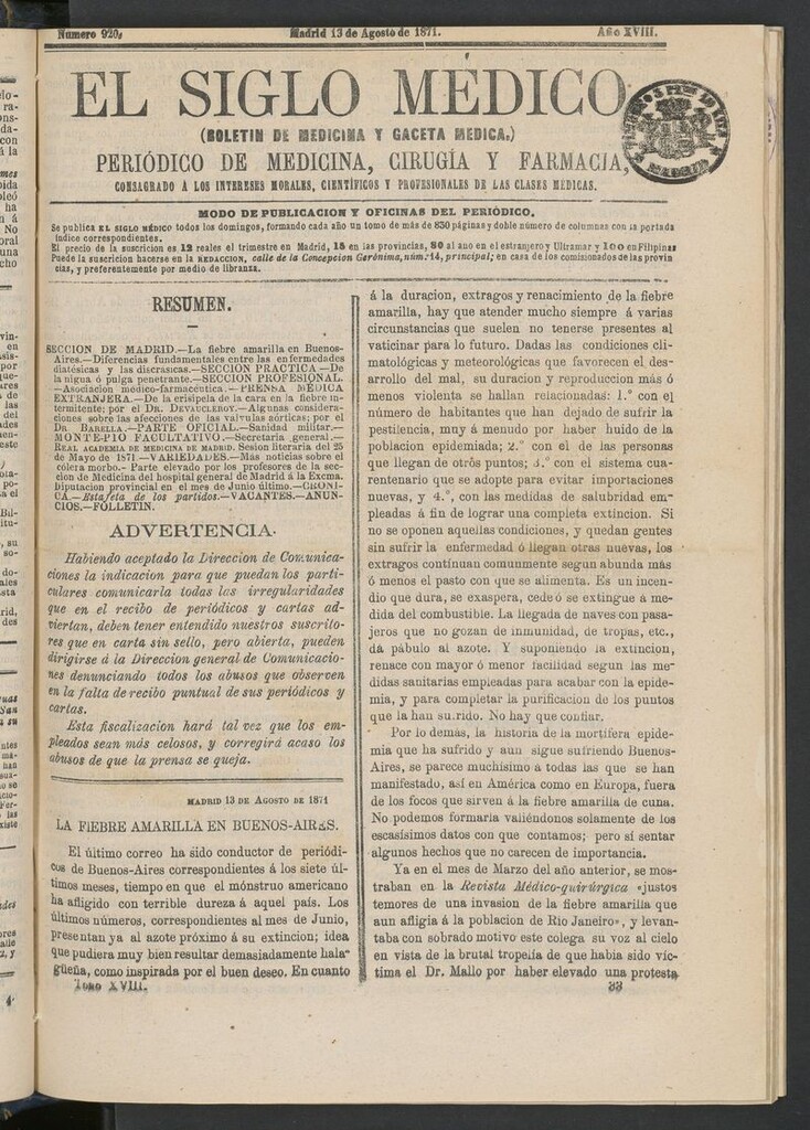 Miniatura de El Siglo Médico: boletín de medicina y gaceta médica del 13 de agosto de 1871