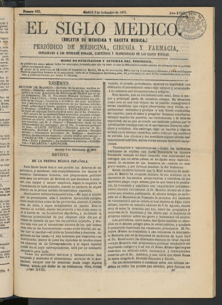 Miniatura de El Siglo Médico: boletín de medicina y gaceta médica del 3 de septiembre de 1871
