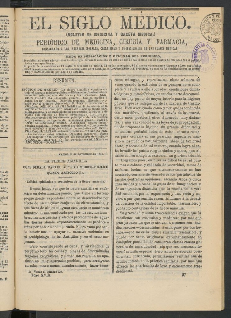 Miniatura de El Siglo Médico: boletín de medicina y gaceta médica del 10 de septiembre de 1871