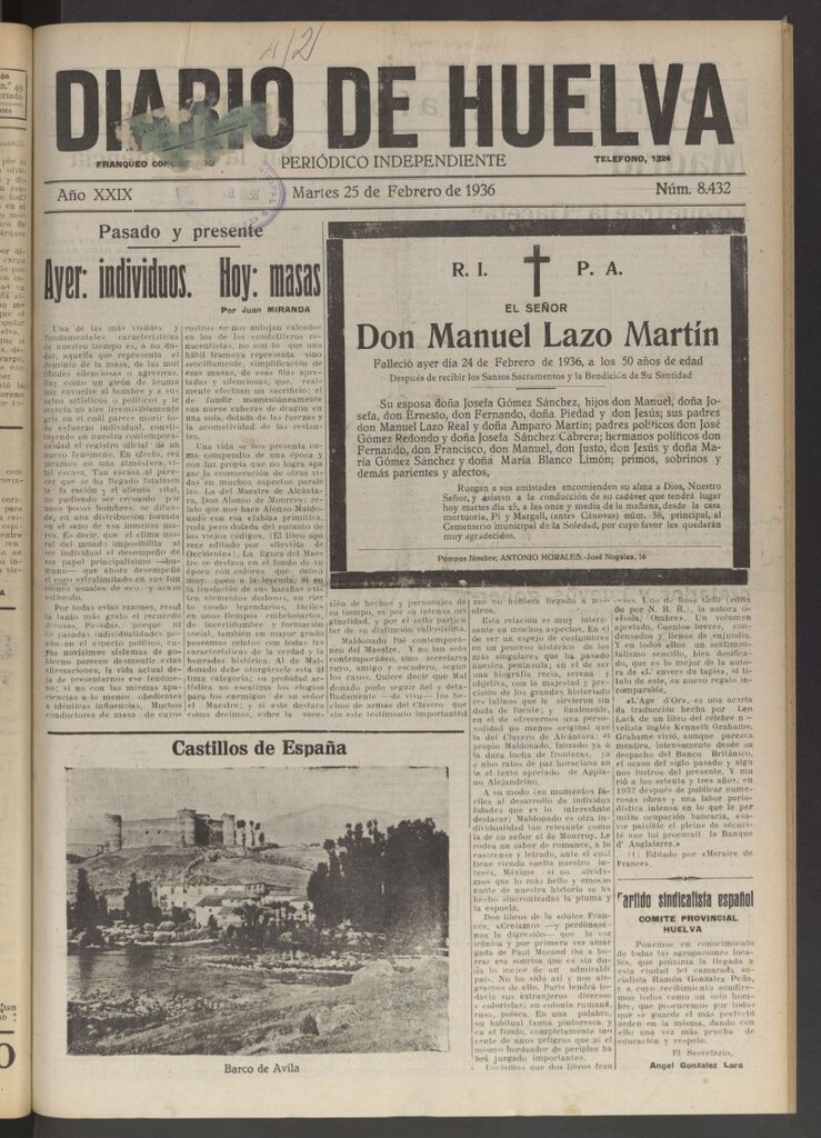 Miniatura de Diario de Huelva : periódico independiente del 25 de febrero de 1936