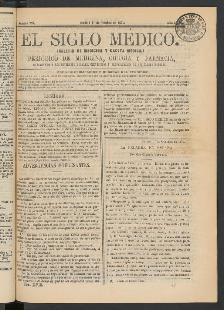 Miniatura de El Siglo Médico: boletín de medicina y gaceta médica del 1 de octubre de 1871