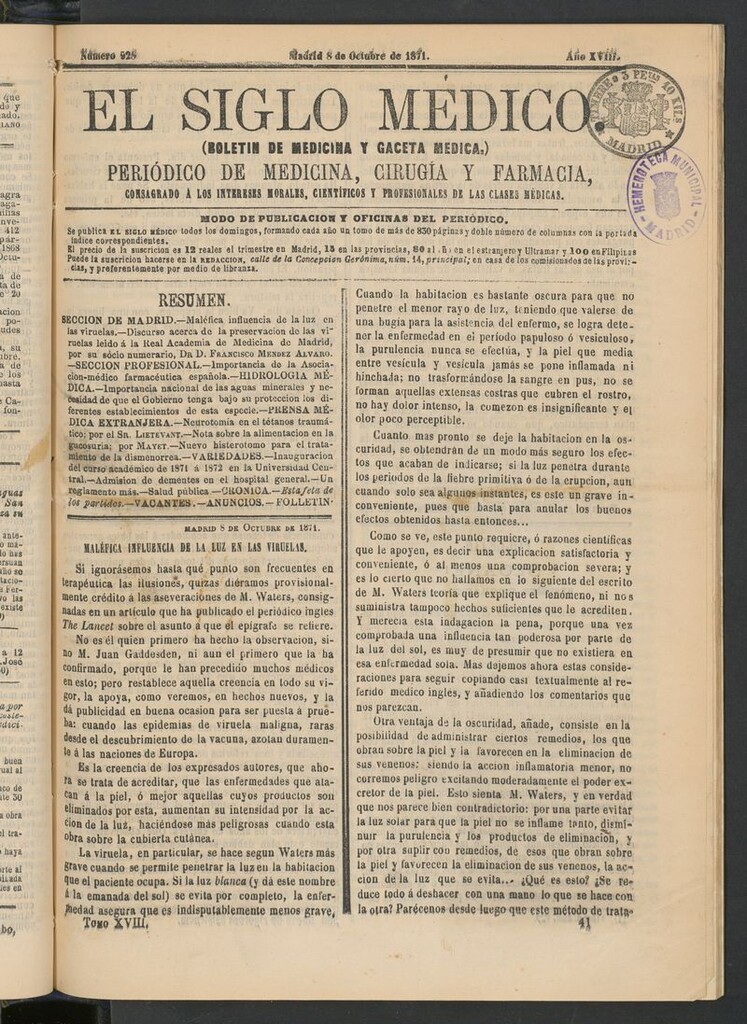 Miniatura de El Siglo Médico: boletín de medicina y gaceta médica del 8 de octubre de 1871
