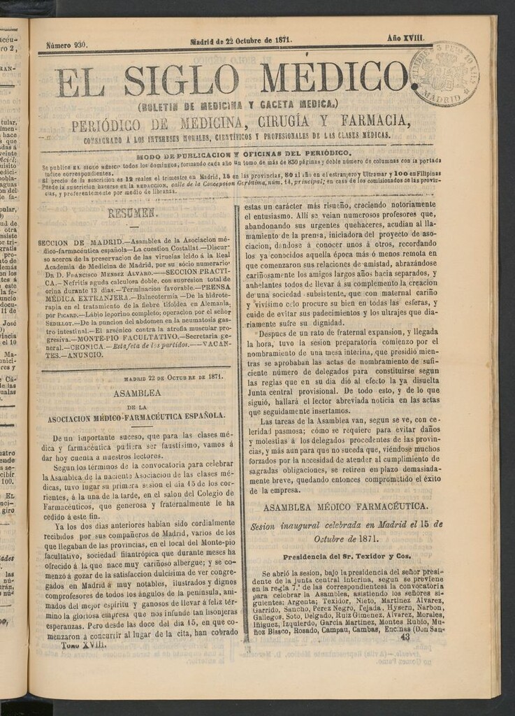 Miniatura de El Siglo Médico: boletín de medicina y gaceta médica del 22 de octubre de 1871