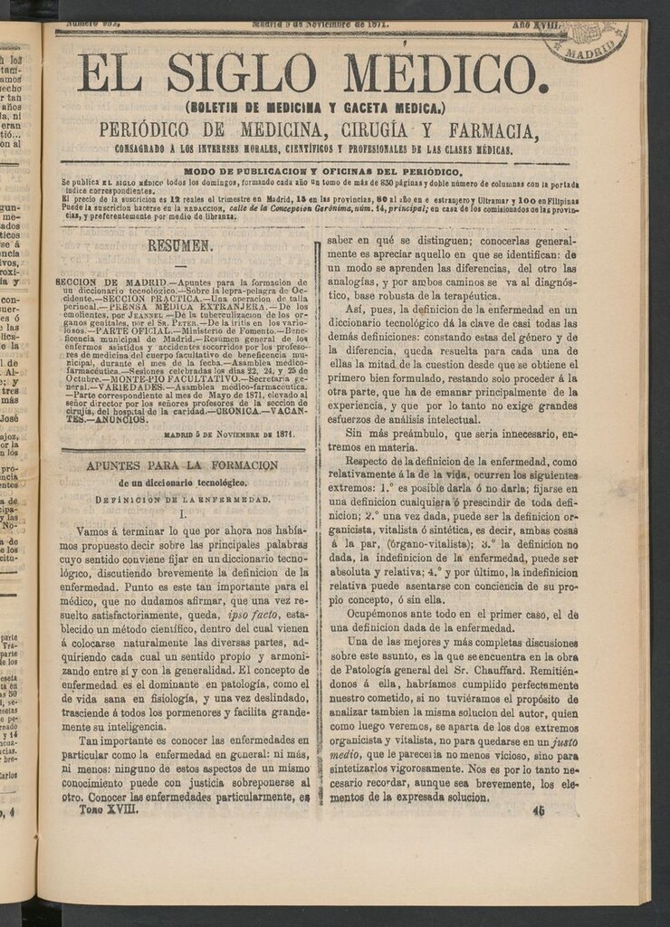 Miniatura de El Siglo Médico: boletín de medicina y gaceta médica del 5 de noviembre de 1871
