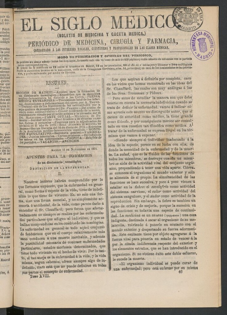 Miniatura de El Siglo Médico: boletín de medicina y gaceta médica del 11 de noviembre de 1871