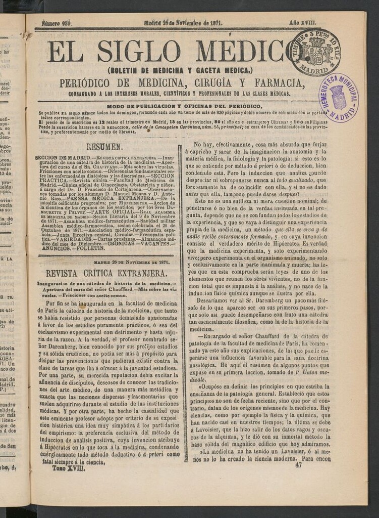 Miniatura de El Siglo Médico: boletín de medicina y gaceta médica del 26 de noviembre de 1871