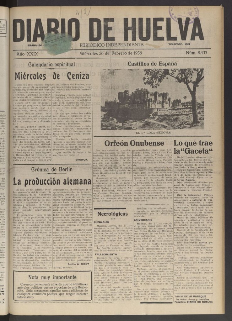 Miniatura de Diario de Huelva : periódico independiente del 26 de febrero de 1936