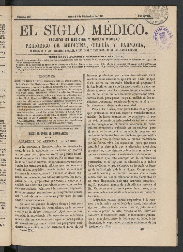 Miniatura de El Siglo Médico: boletín de medicina y gaceta médica del 3 de diciembre de 1871