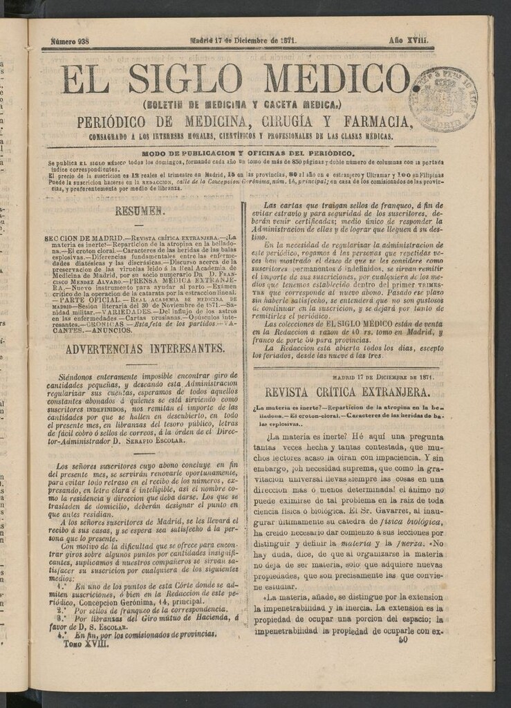 Miniatura de El Siglo Médico: boletín de medicina y gaceta médica del 17 de diciembre de 1871