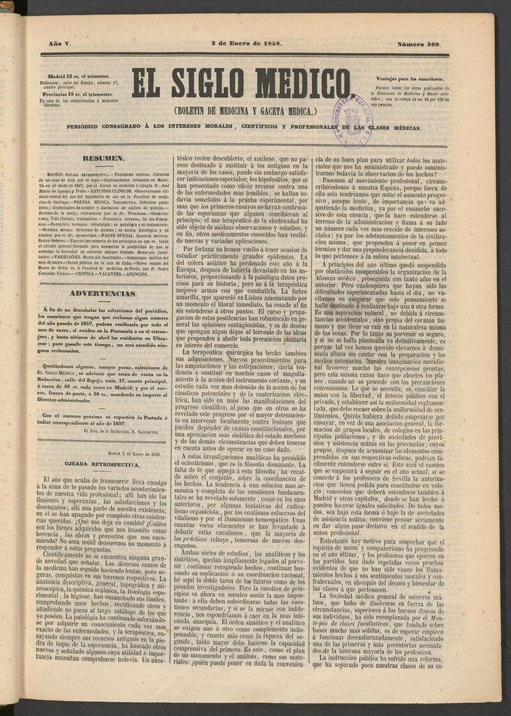 Miniatura de El Siglo Médico: boletín de medicina y gaceta médica del 3 de enero de 1858