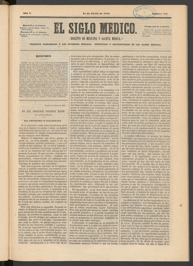 Miniatura de El Siglo Médico: boletín de medicina y gaceta médica del 24 de enero de 1858