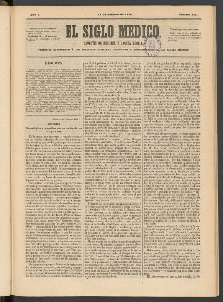 Miniatura de El Siglo Médico: boletín de medicina y gaceta médica del 14 de febrero de 1858