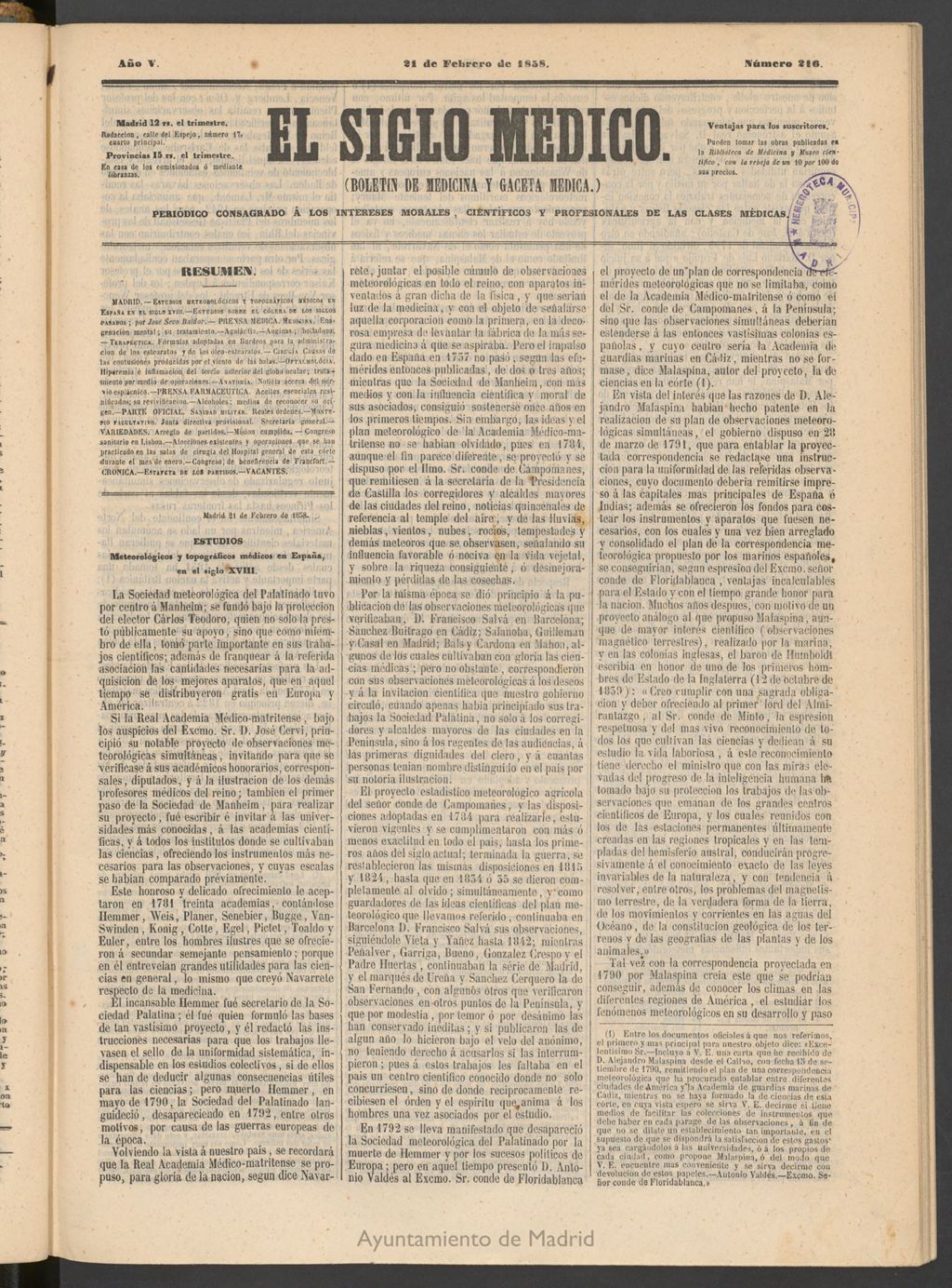 Miniatura de El Siglo Médico: boletín de medicina y gaceta médica del 21 de febrero de 1858