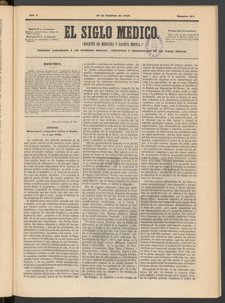 Miniatura de El Siglo Médico: boletín de medicina y gaceta médica del 28 de febrero de 1858