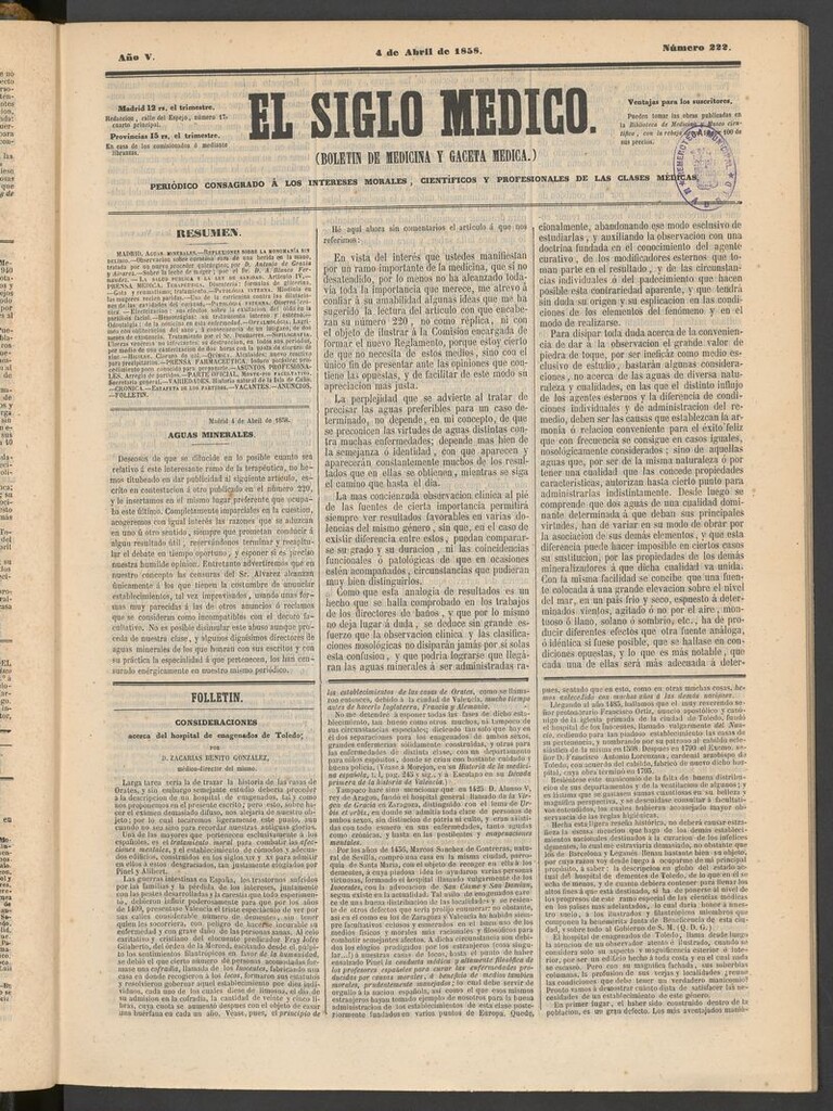 Miniatura de El Siglo Médico: boletín de medicina y gaceta médica del 4 de abril de 1858