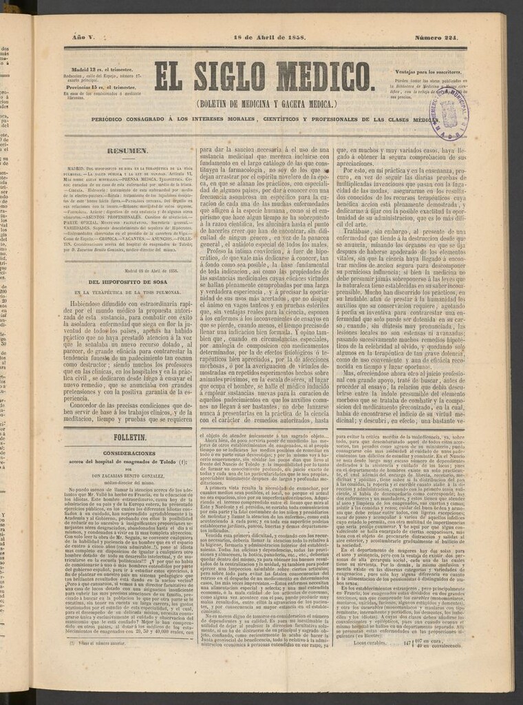 Miniatura de El Siglo Médico: boletín de medicina y gaceta médica del 18 de abril de 1858